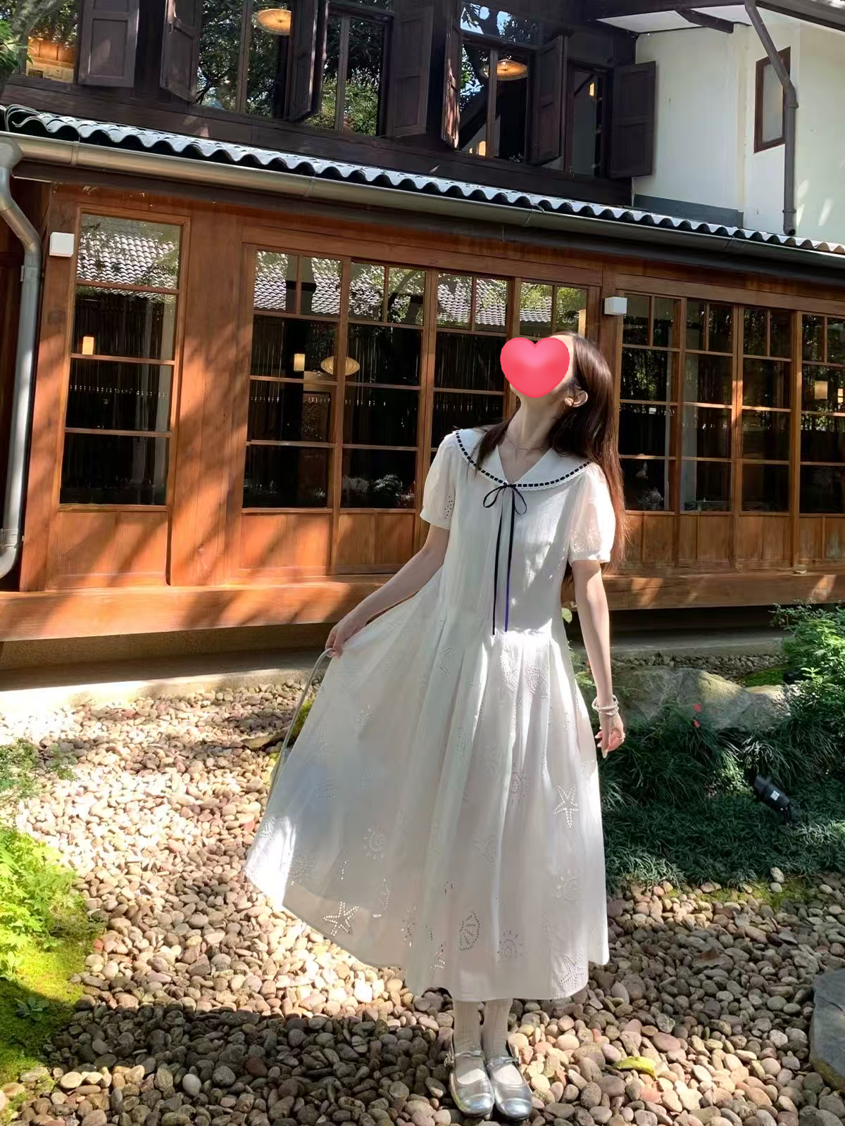 새로운 학원 스타일 해군 칼라 자수 반팔 베이비 칼라 한 마디 드레스