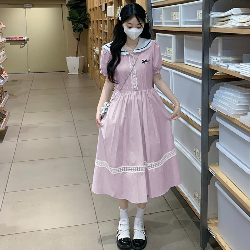 실사 여름 학원 스타일 달콤함 귀여운 레이스 베이비 칼라 단색 드레스