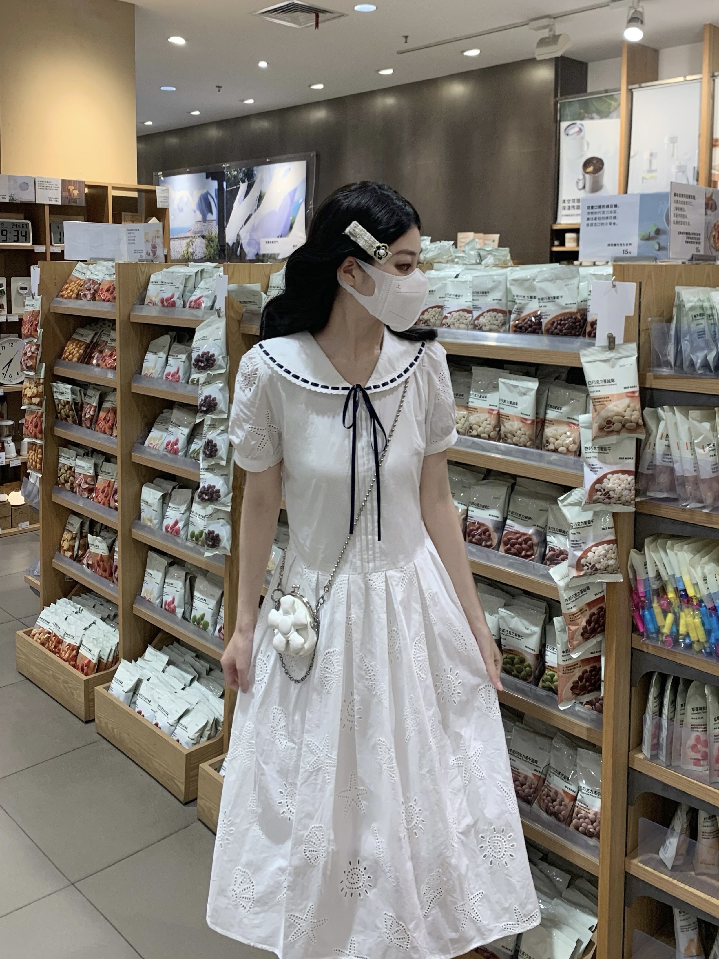 새로운 학원 스타일 해군 칼라 자수 반팔 베이비 칼라 한 마디 드레스