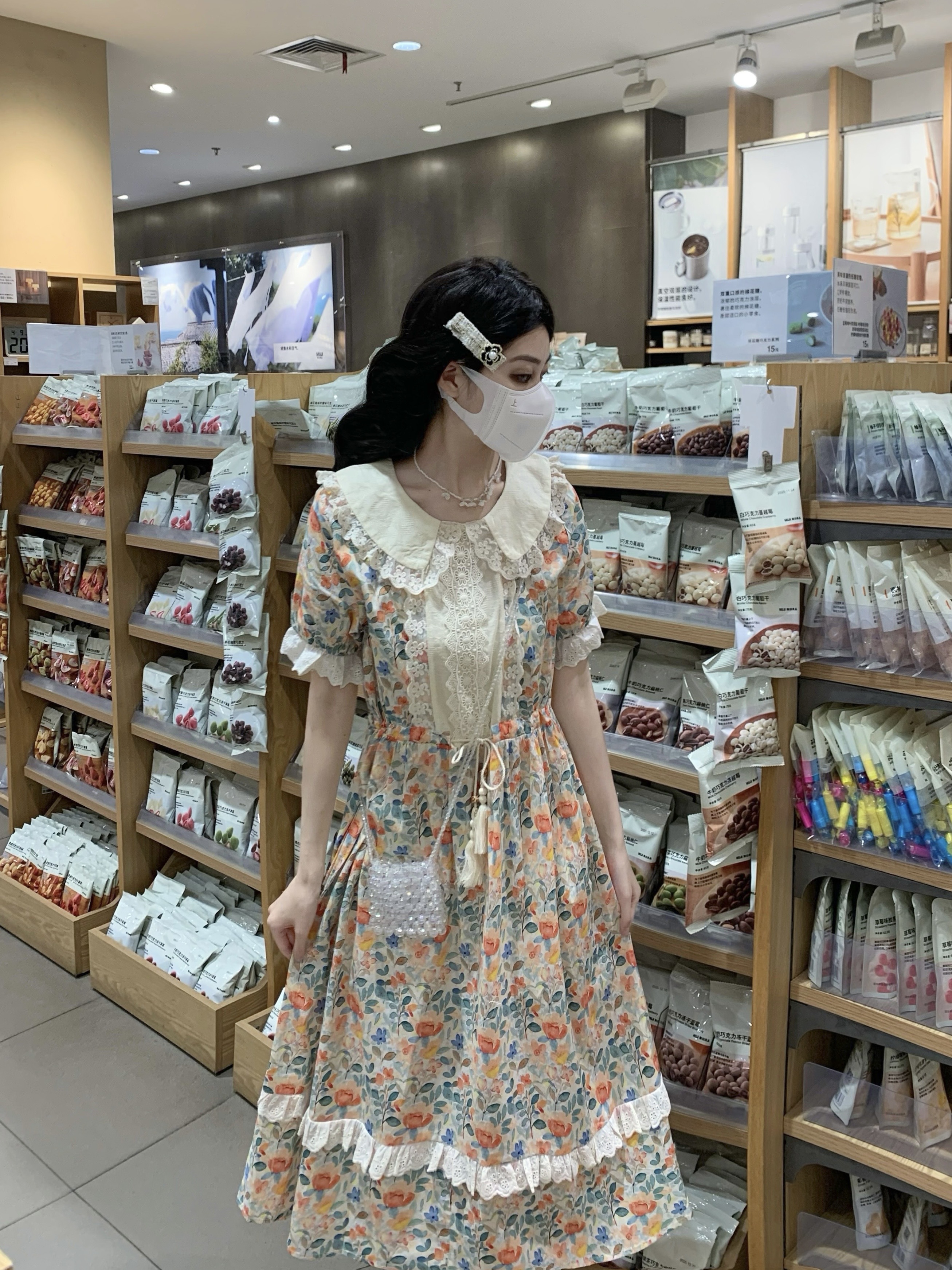 실사 여름 로리타 달콤함 전원 바람 꽃무늬 공주 허리 수축 레이스업 베이비 칼라 레이스 레이스 드레스