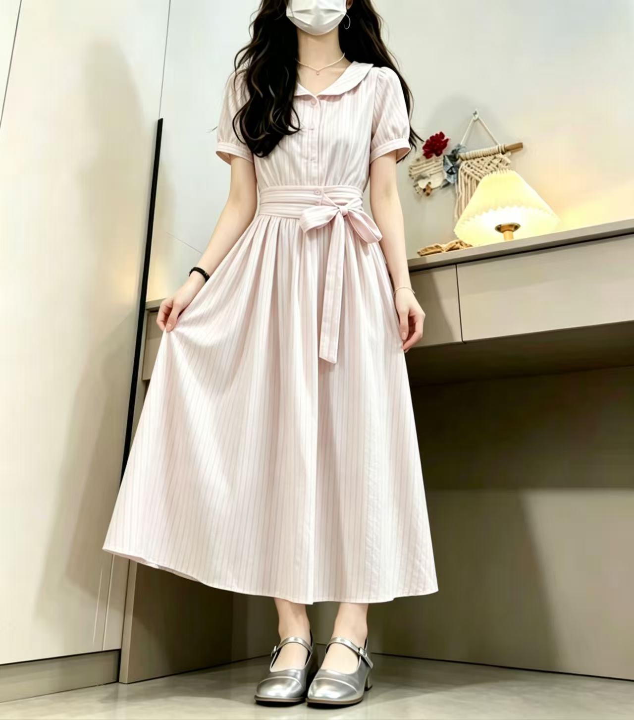 프랑스식 학원 스타일 핑크색 스트라이프 레이스업 나비 매듭 허리 수축 베이비 칼라 벌룬 소매 한 마디 드레스