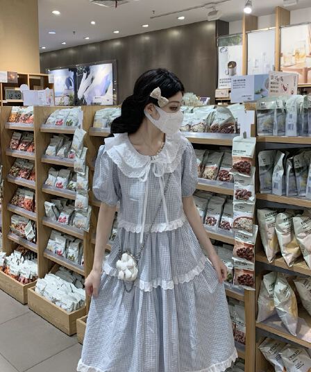실사 여름 학원 스타일 체크무늬 레이스 베이비 칼라 공주 드레스 허리 수축 레이스업 드레스