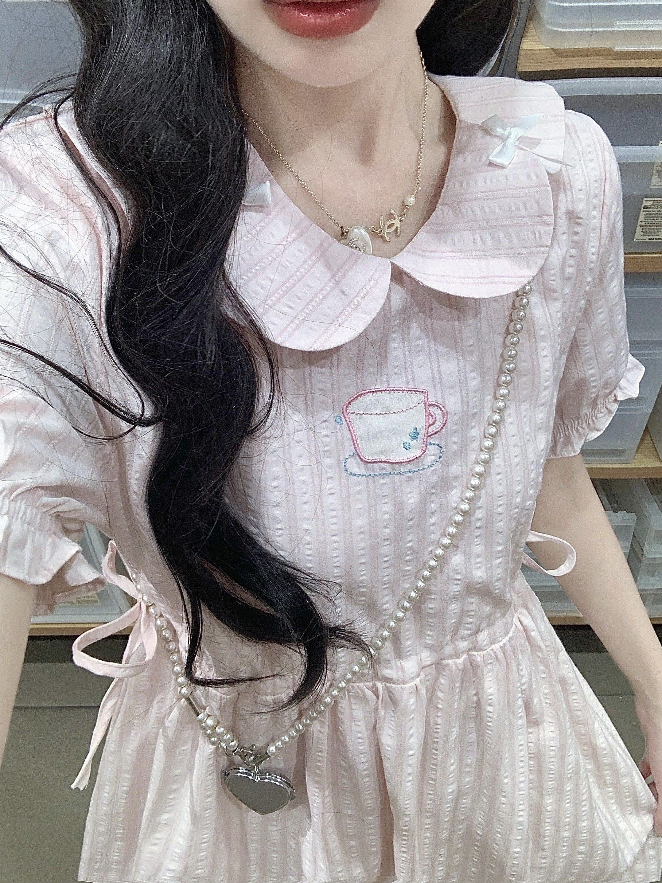 실사 학원 스타일 달콤함 소녀 신선함 귀여운 여름 반팔 꽃잎 칼라 중간 길이 드레스