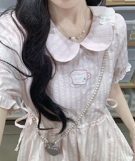 실사 학원 스타일 달콤함 소녀 신선함 귀여운 여름 반팔 꽃잎 칼라 중간 길이 드레스