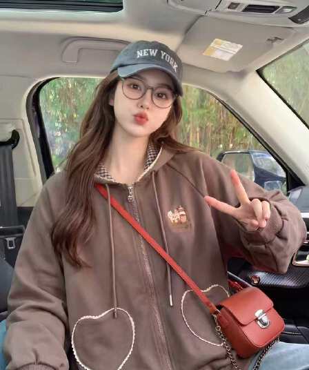 가을 겨울 새로운 두꺼운 복합 원단 자수 체크무늬 레이스 하트 지퍼 곰 귀 후드티 루즈핏 재킷