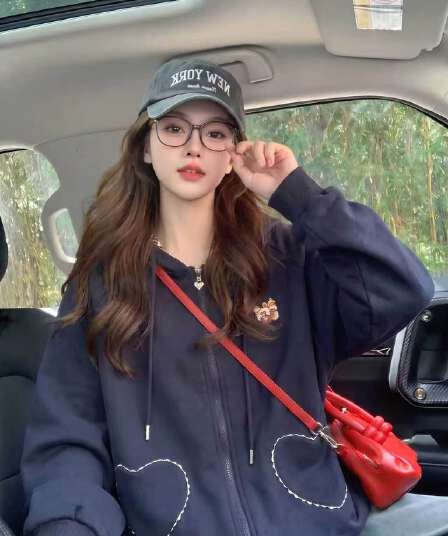 가을 겨울 새로운 두꺼운 복합 원단 자수 체크무늬 레이스 하트 지퍼 곰 귀 후드티 루즈핏 재킷