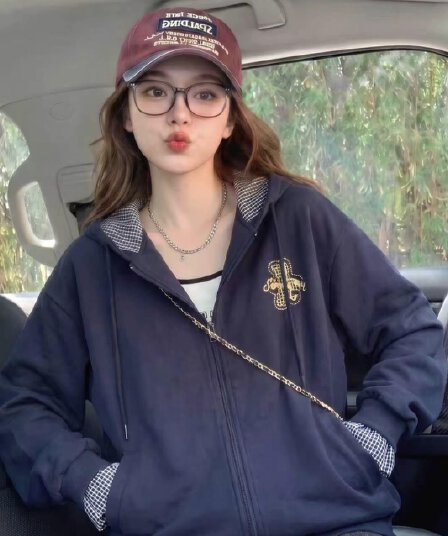 가을 겨울 새로운 두꺼운 복합 원단 자수 알파벳 체크무늬 색상 일치 후드 지퍼 루즈핏 후드티 재킷