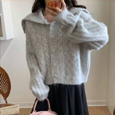 批发韩国chic秋冬麻花高领毛衣外套女加绒加厚羊毛慵懒风短款针织<b class='q'>开衫</b>