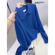 批发2025秋季新款宝蓝色POLO领针织开衫毛衣女高级感宽松漂亮上衣外套