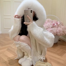 批发2025秋季女韩系洋气狐狸毛真毛皮草小个子宽松版显瘦针织毛衣外套