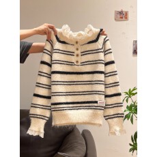批发秋冬蕾丝<b class='q'>荷叶边</b>撞色条纹加厚针织<b class='q'>毛衣</b>长袖外套外穿打底内搭上衣女