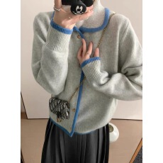 批发韩系温柔风灰色<b class='q'>翻领</b>毛衣针织开衫女外套新款秋冬娃娃领羊毛上衣