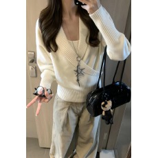 批发法式交叉v领长袖针织衫女秋冬设计感小众收腰显瘦高级感套头<b class='q'>毛衣</b>