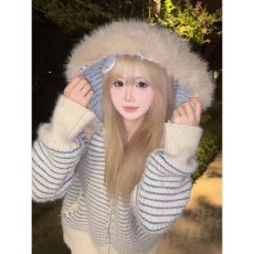 批发费尔岛连帽外套新款韩版毛领慵懒休闲宽松设计条纹秋冬<b class='q'>开衫</b>上衣