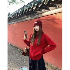 批发韩系秋冬新款女装慵懒风红色针织开衫毛衣<b class='q'>宽松</b>显瘦休闲<b class='q'>外套</b>上衣