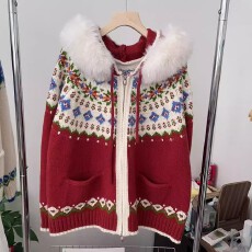 批发可拆卸毛领费尔岛宽松连帽<b class='q'>毛衣</b>外套<b class='q'>女</b>秋冬新款穿搭慵懒风针织<b class='q'>开衫</b>