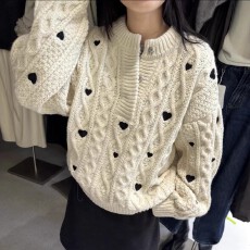 韩国东大门爱心麻花毛衣女秋冬长袖宽松复古百搭设计感针织衫上衣