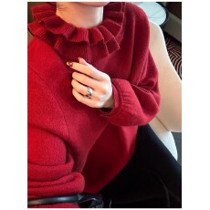 荷叶花边领浣熊绒针织衫女欧洲站2025冬装新款欧货女装打底毛衣潮