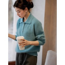 批发蓝色polo领毛绒毛衣女2025新款秋<b class='q'>冬</b>内搭可外穿高级感显瘦针织上衣
