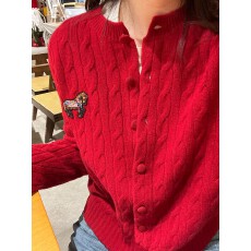 批发高端<b class='q'>圆领</b>小马刺绣绞花羊绒羊毛<b class='q'>针织</b><b class='q'>开衫</b>女时尚红色毛衣外套