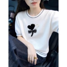 批发韩版白色爱心蝴蝶结短袖<b class='q'>针织衫</b>女夏季2026新款小个子洋气减龄上衣