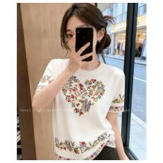 批发夏季新款法式田园风爱心花朵绣花短袖<b class='q'>针织衫</b>女圆领高级感百搭上衣