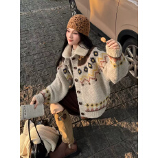 批发深圳南油高端女装<b class='q'>欧洲站</b>新款高级感 毛领提花针织衫毛衣外套