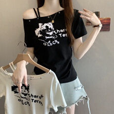 批发实拍胖MM<b class='q'>大码</b>女装2026夏季新款设计感收腰印花短袖T恤辣妹短上衣