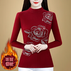 批发实拍新款玫瑰印花烫钻德绒打底衫女秋冬新款气质<b class='q'>妈妈</b>修身显瘦上衣