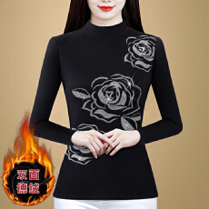 批发实拍新款玫瑰印花烫钻德绒打底衫女秋冬新款气质<b class='q'>妈妈</b>修身显瘦上衣