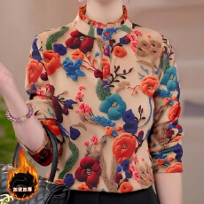 批发2025秋冬新款时尚洋气双面绒加绒加厚花边领印花<b class='q'>妈妈</b>女装打底衫