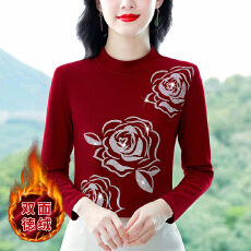 批发实拍新款玫瑰印花烫钻德绒打底衫女秋冬新款气质<b class='q'>妈妈</b>修身显瘦上衣