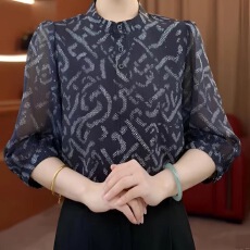 批发洋气质减龄圆领衬衫七分袖上衣女夏季新款时尚<b class='q'>妈妈</b>装宽松显瘦小衫