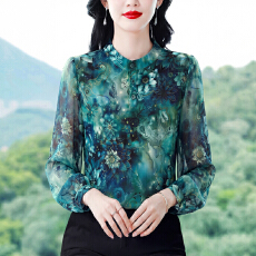 批发春夏秋季新款高档气质印花<b class='q'>雪纺衫</b>洋气百搭漂亮小衫长袖妈妈上衣女