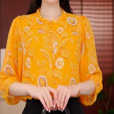 批发气质木耳领黄色七分袖衬衫女上衣春夏气质显瘦小衫宽松印花<b class='q'>妈妈装</b>