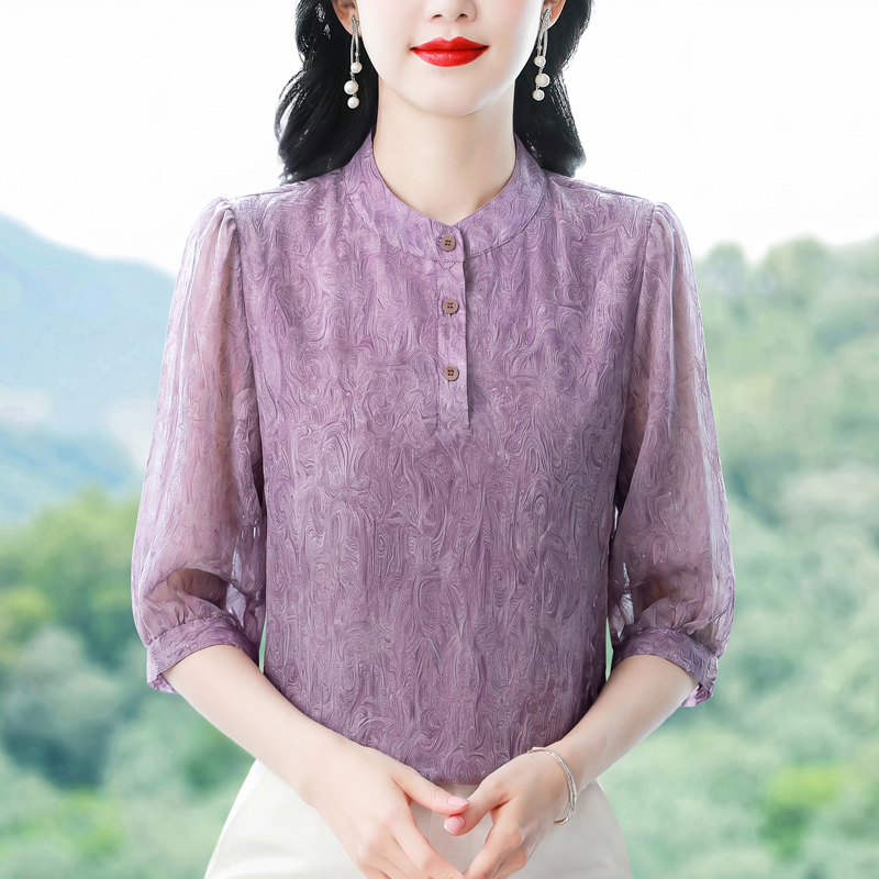 2026 여름 드레스 새로운 패션 얇은 스타일 꽃무늬 셔츠 엄마 외국 가스 연령 감소 루즈핏 프린트 7부 소매 여성 셔츠