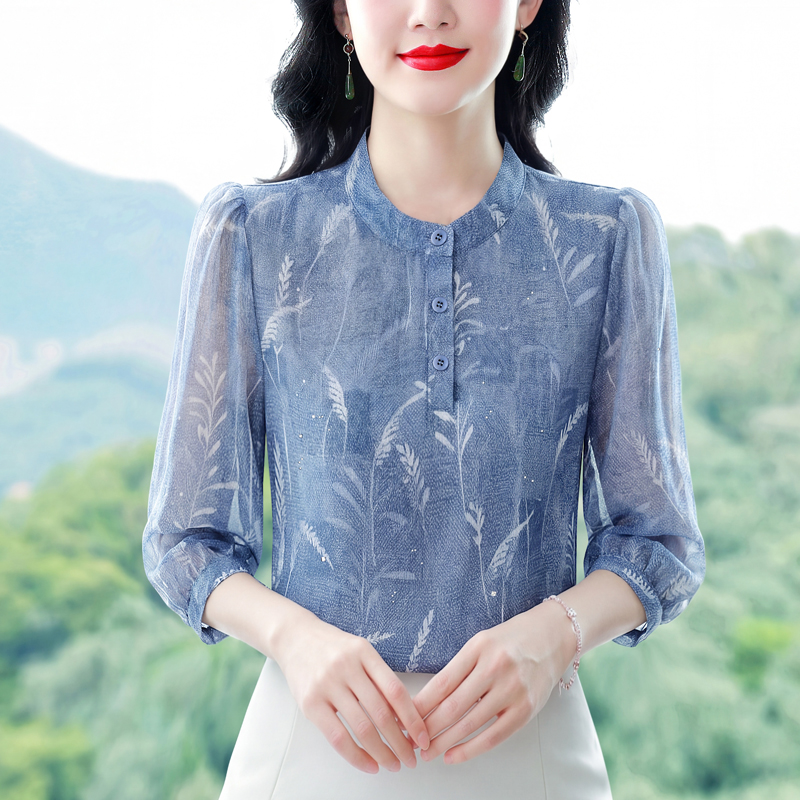 여름 새로운 패션 품격 7부 소매 프린트 여성 셔츠 외국 가스 루즈핏 슬림해 보이는 어머니 드레스 연령 감소 맨위 트렌디