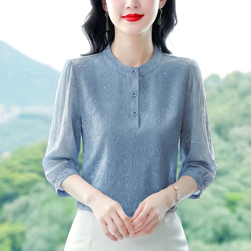 2026 여름 드레스 새로운 패션 얇은 스타일 꽃무늬 셔츠 엄마 외국 가스 연령 감소 루즈핏 프린트 7부 소매 여성 셔츠