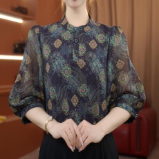 批发实拍2026夏季新款时尚<b class='q'>妈妈</b>七分袖印花女衬衫气质减龄优雅显瘦小衫