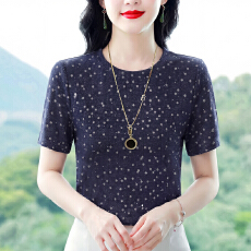 批发夏季新款时尚印花撒银中袖圆领T恤小衫女减龄显瘦上衣中年<b class='q'>妈妈装</b>