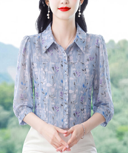 실사 2026 여름 새로운 패션 엄마 7부 소매 프린트 블라우스 품격 연령 감소 슬림해 보이는 작은 셔츠