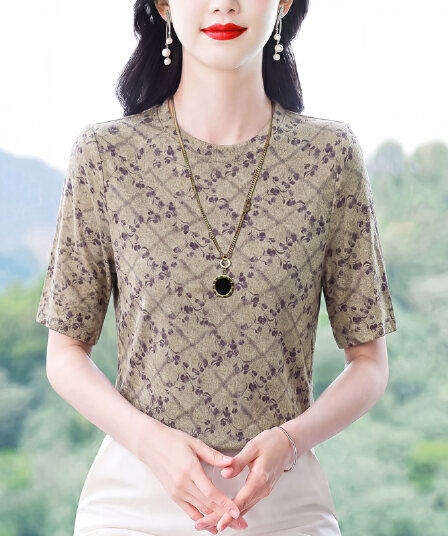 패션 프린트 라운드 넥 반팔 티셔츠 여성 여름 새로운 y 어머니 드레스 캐주얼 연령 감소 다용도 표지 고기 슬림해 보이는 맨위