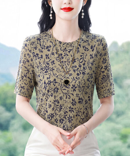 패션 프린트 라운드 넥 반팔 티셔츠 여성 여름 새로운 y 어머니 드레스 캐주얼 연령 감소 다용도 표지 고기 슬림해 보이는 맨위
