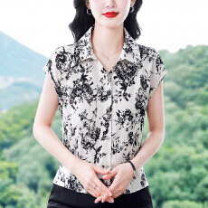 批发时尚印花短袖衬衫女夏季新款洋气质显瘦遮肉V领<b class='q'>妈妈</b>休闲百搭上衣