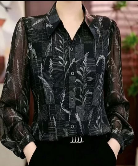 가을 새로운 어머니 드레스 쉬폰 여성 셔츠 블랙 하단 꽃 프린트 폴로 칼라 긴팔 루즈핏 표지 고기 외국 가스 맨위