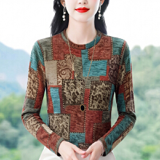 批发2026 实拍长袖印花T恤女春秋冬新款妈妈<b class='q'>修身</b>打底上衣洋气内搭小衫