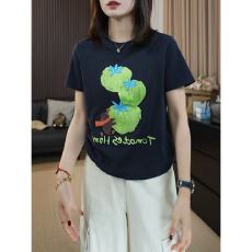 高级感韩系印花圆领短袖T恤女2026夏季新款宽松百搭正肩半袖上衣