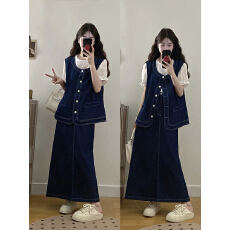 批发实拍 套装女大码气质显瘦刺绣上衣<b class='q'>薄</b>款牛仔马甲半身裙三件套