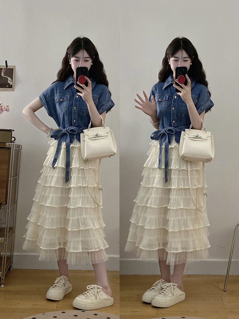실사 빅 사이즈 품격 빛 럭셔리 레이스 조각 데님 반팔 드레스 여름 패션 롱 스커트 페이크 레이어드