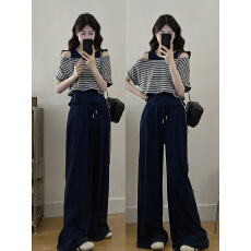 批发实拍 夏新款休闲两件套宽松显瘦条纹上衣冰丝凉感透气长<b class='q'>裤</b>套<b class='q'>装</b>